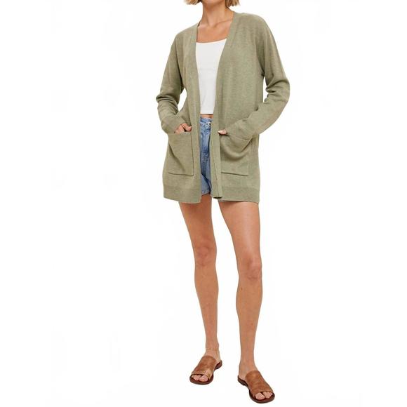 NEW WISHLIST knit open front cardigan with pockets in s. olive - Picture 1 of 4